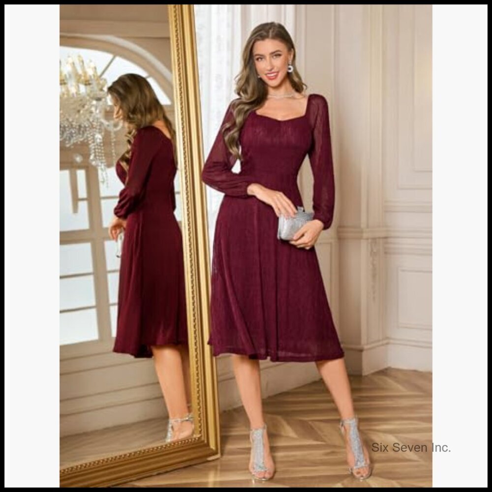 Nylon Spandex Lace Formal Dress Sweetheart Neck Long Sleeve Midi - Picture 6 of 7
